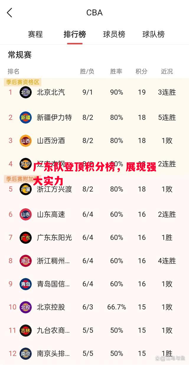 广东队登顶积分榜，展现强大实力